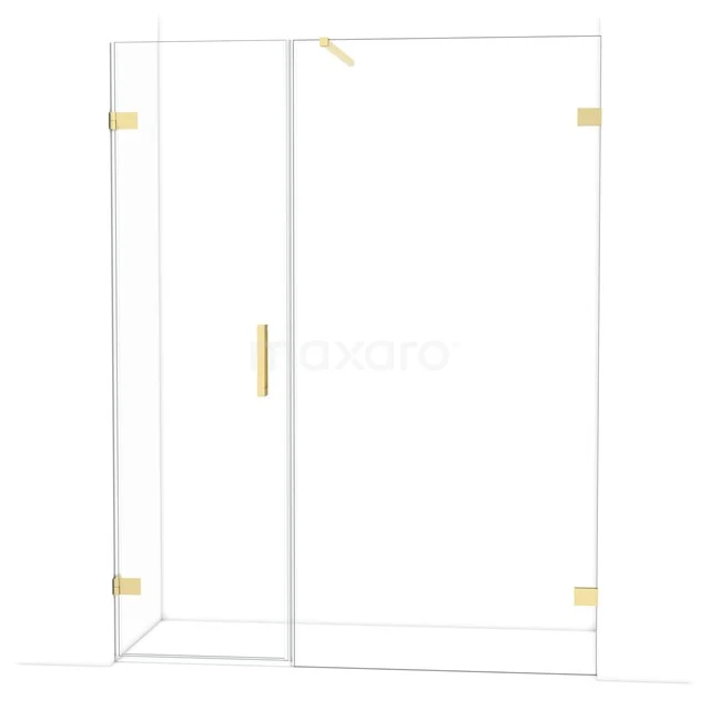 Glas Duschwand mit goldfarbenen Scharnieren und Haltegriff, elegantes Design, ideale Ergänzung für ein modernes Badezimmer.