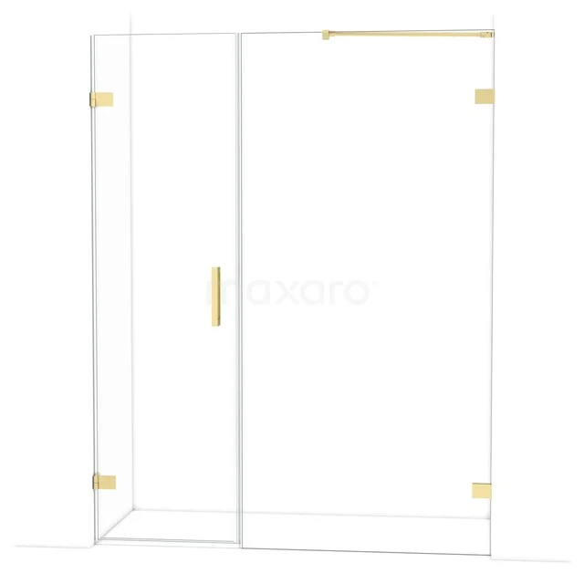 Glass shower wall with gold accents, modern appearance and suitable for a stylish bathroom decor.
