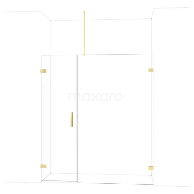 Glazen douchewand met goudkleurige details, strakke lijnen, ideaal voor een moderne badkamerstijl.