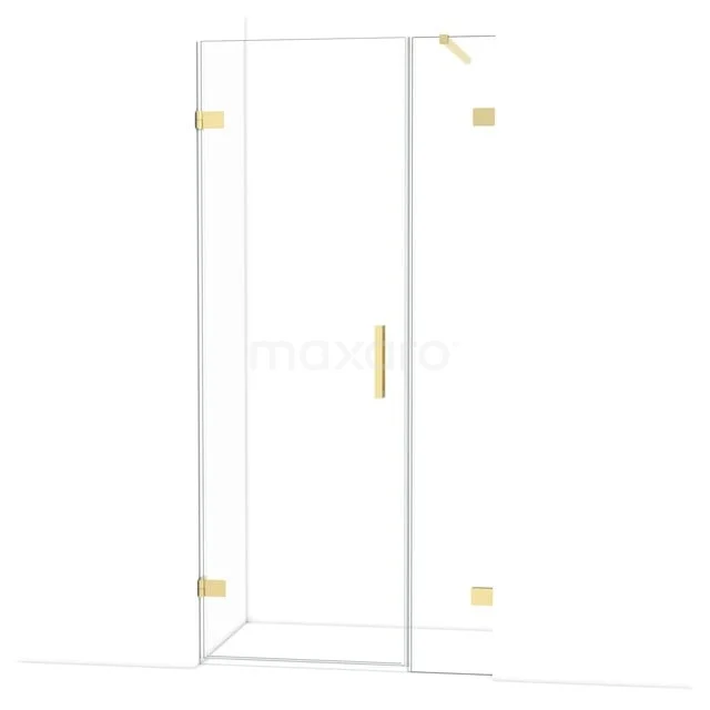 Diamond Shower door | 95 cm Glanzend lichtgoud Clear glass Pivot door DDC210703120GLG Douchedeur van helder glas met messing scharnieren en handgreep, modern badkamerdesign, strak en minimalistisch.
