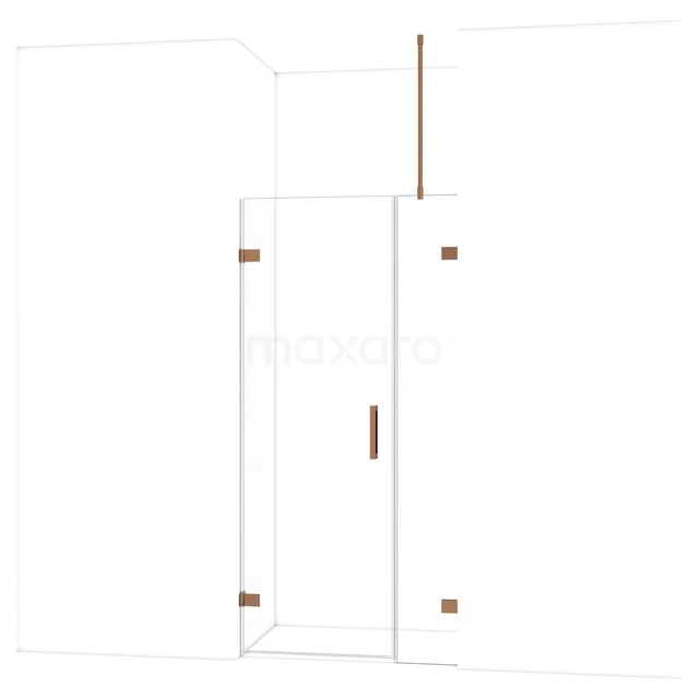 Douchewand met nisdeur, helder glas, roestvrijstalen scharnieren in koperkleur, ideaal voor moderne badkamerinrichting.