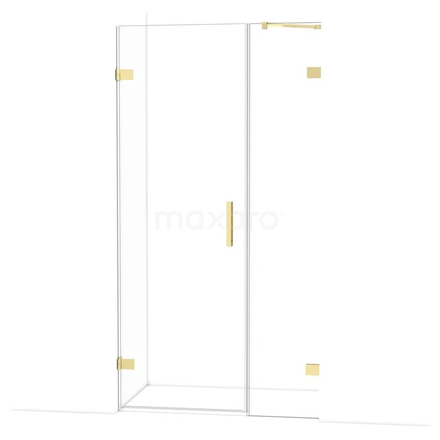 Double glass shower cabin with gold details and hinges, ideal for a modern bathroom.