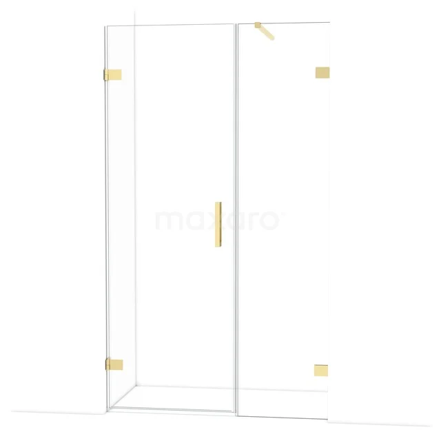 Glazen douchedeur met gouden scharnieren en handgreep, strak design, ideaal als stijlvolle toevoeging aan een moderne badkamer.