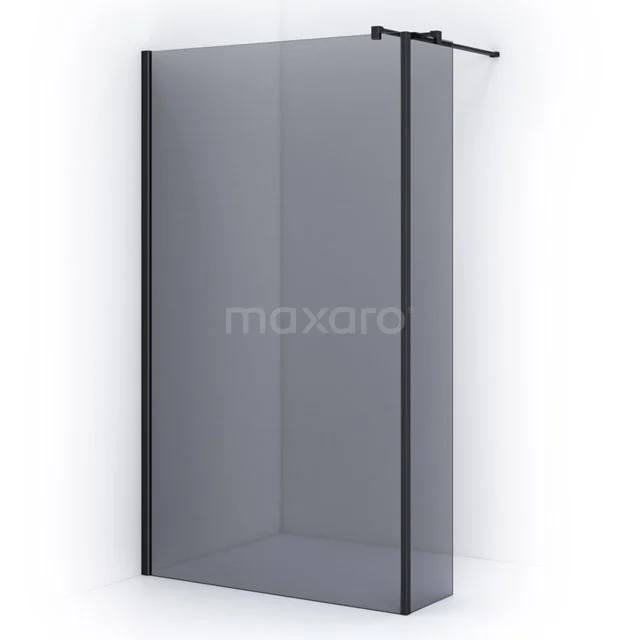 Matte black walk-in glass shower enclosure, modern design, ideal for stylish bathroom decor.