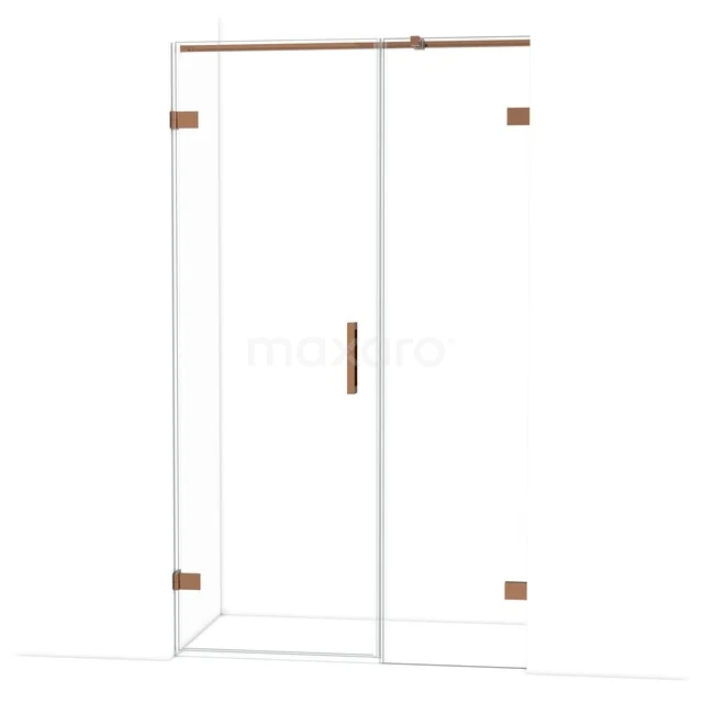 Douchedeur met helder glas en roestvrijstalen schuifsysteem, koperkleurige accenten, perfect voor moderne badkamers.