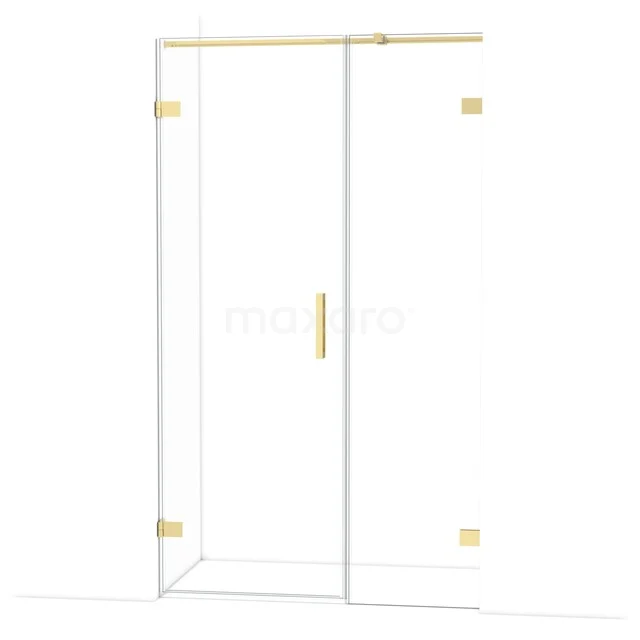 Glass shower door with gold accents and sleek design, ideal for a modern bathroom.