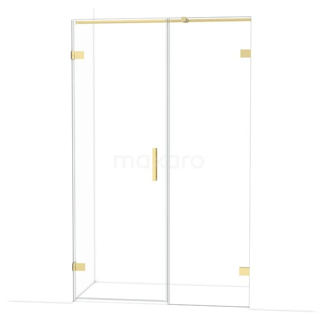 Glazen douchedeur met goudkleurige accenten en strak design, ideaal als stijlvolle toevoeging aan moderne badkamers.