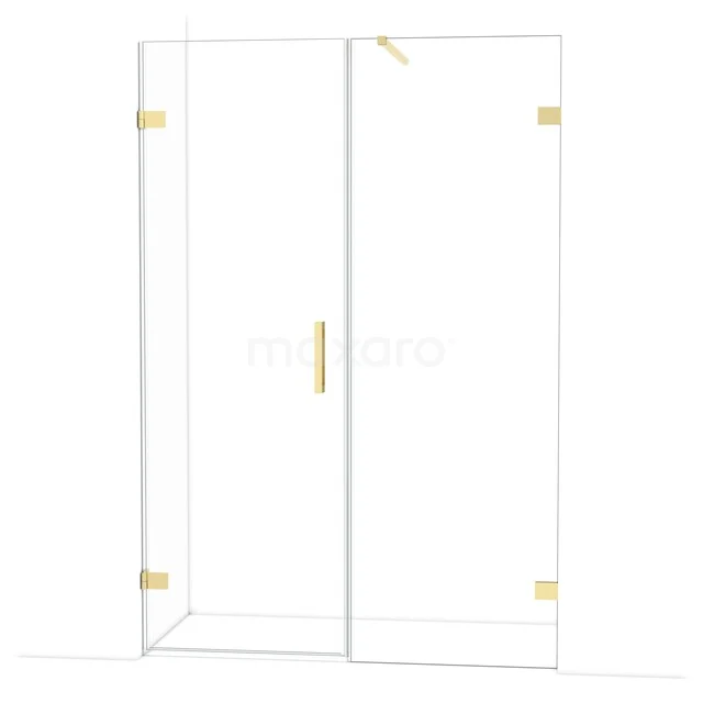 Glass shower wall with gold hinges and handle, sleek and modern design for a luxury bathroom.