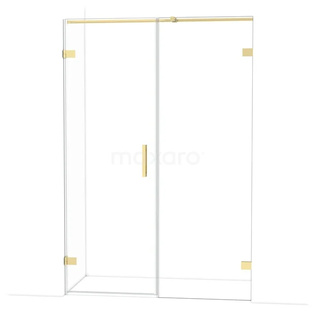 Glazen douchedeur met gouden scharnieren en handgreep, minimalistisch design, perfect voor een luxe badkamerstijl.