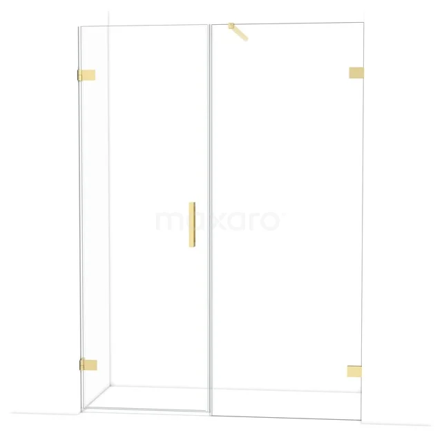 Glass shower wall with gold accents, sleek minimalist design, ideal for a modern bathroom.