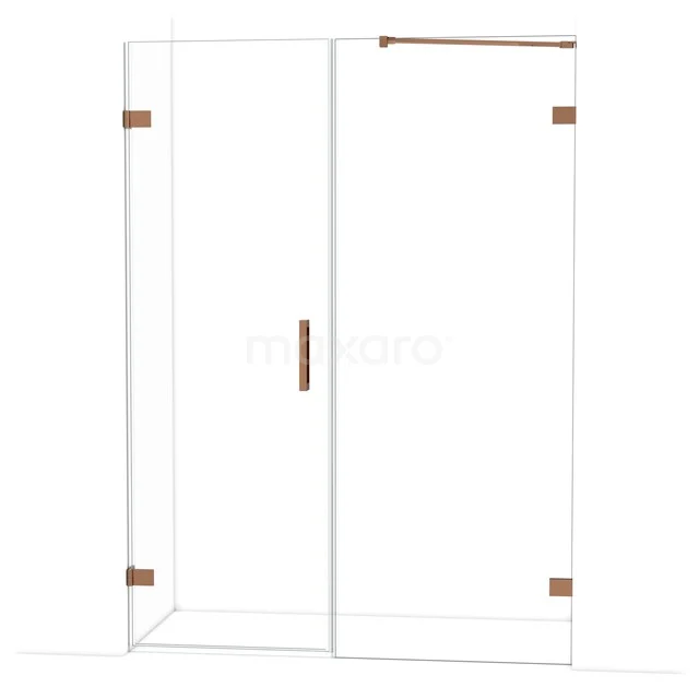 Douchecabine van helder glas met koperkleurige details, moderne stijl, ideaal voor een luxe badkameruitstraling.