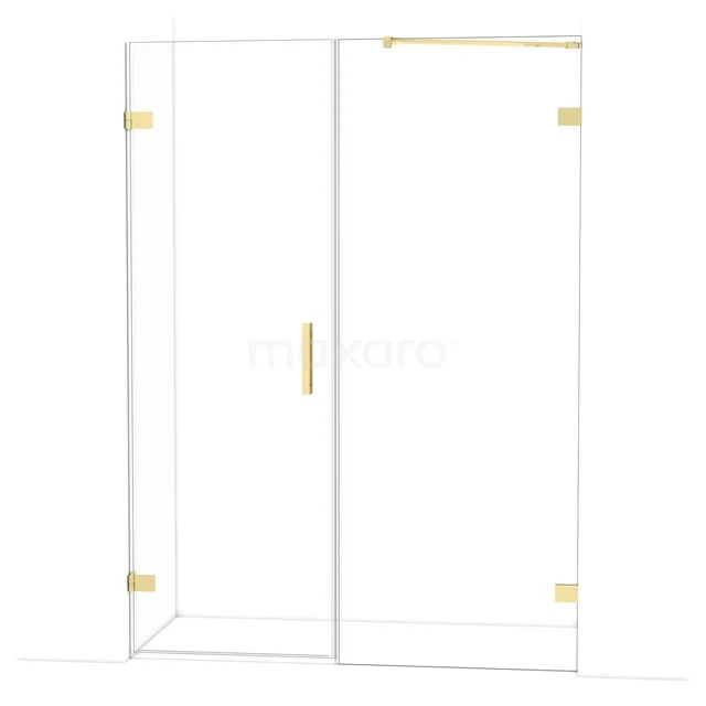 Shower cabin with glass walls, gold-coloured hinges and handle, luxury design for a modern bathroom.