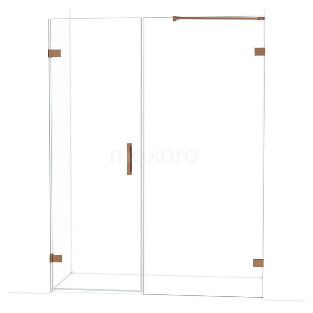 Glasene Duschwand mit Schiebetür, kupferfarbene Akzente, elegantes Design, ideal für einen modernen Badezimmerstil.