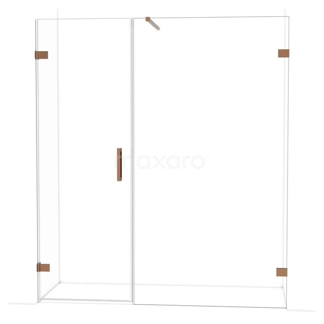 Glazen douchecabine met koperen details, strak design en minimalistische look, ideaal voor een moderne badkamer.