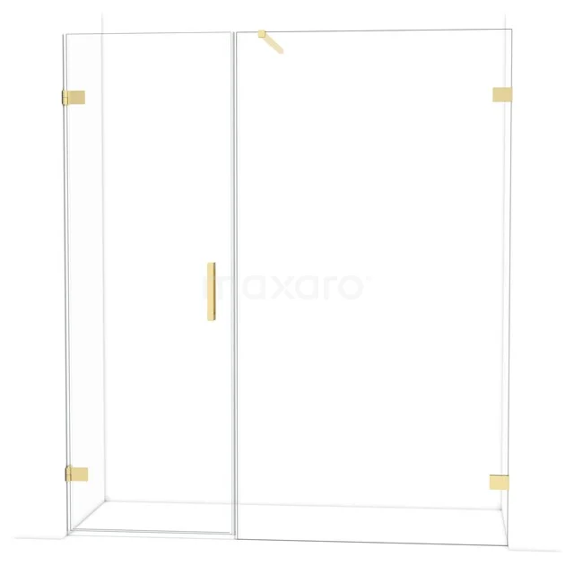 Douchewand glas met gouden scharnieren, minimalistisch design, ideaal voor moderne badkamers.
