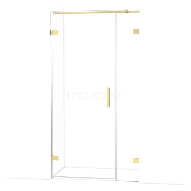 Glass shower door with gold-coloured hinges and handle, sleek design for a modern bathroom.