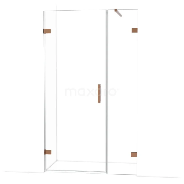 Glazen douchecabine met hoekinstap, transparant glas en bronskleurige details, ideaal voor een moderne badkamer.