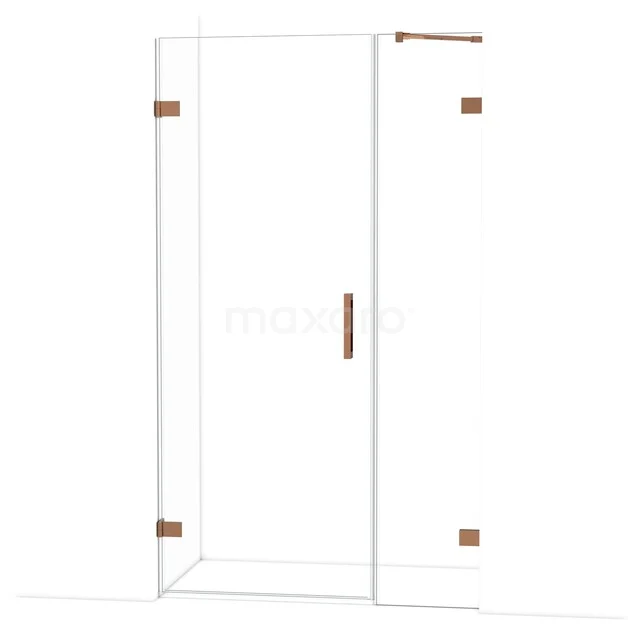 Diamond Shower door | 115 cm Shiny copper Clear glass Pivot door DDC210804220GKP Glazen douchecabine met hoekinstap, transparant glas, roestvrijstalen roségouden scharnieren en handgreep, modern badkamerdesign.