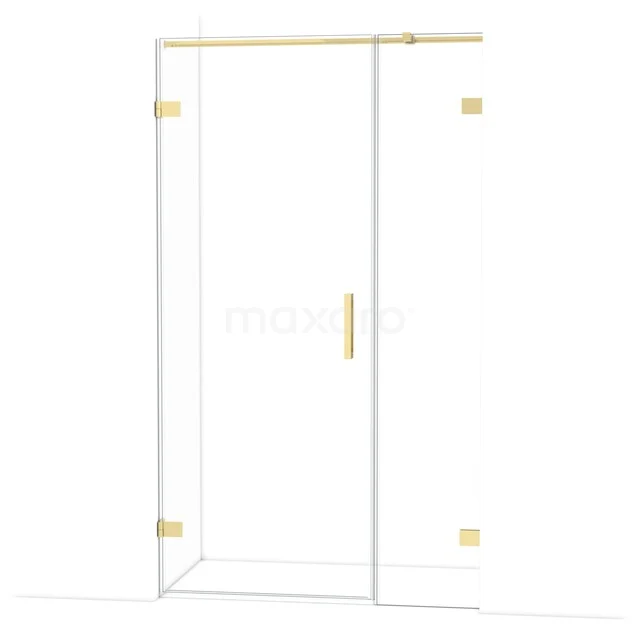 Glass shower cabin with golden accents, modern design, perfect for a stylish bathroom decor.
