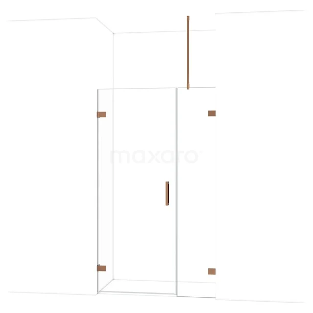 Glasene Duschtür mit kupferfarbenen Scharnieren, modernes Design, ideal für ein stilvolles Badezimmer.