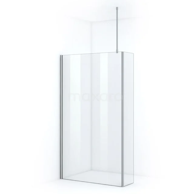 Transparent glass shower screen with corner mounting, minimalist design, ideal for a modern bathroom space.
