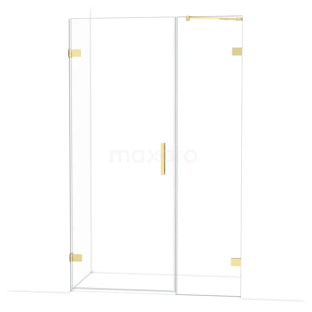 Glas Duschtür mit goldfarbigem Haltegriff und Scharnieren, modernes Design, perfekt für ein stilvolles Badezimmer.