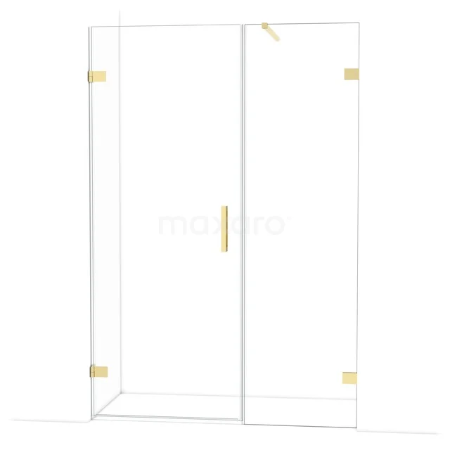Shower cabin with clear glass, gold hinges and handle, luxury design for a modern bathroom.