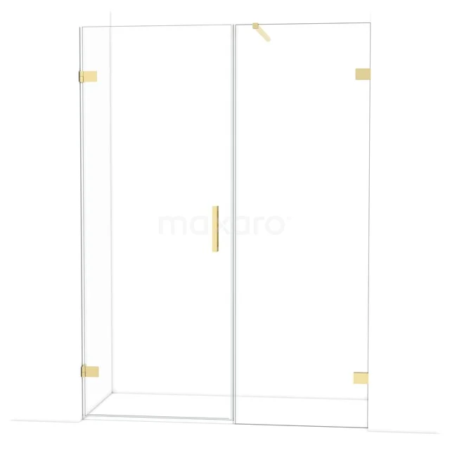 Glass shower wall with gold-coloured hinges and handle, elegant design for modern bathrooms.