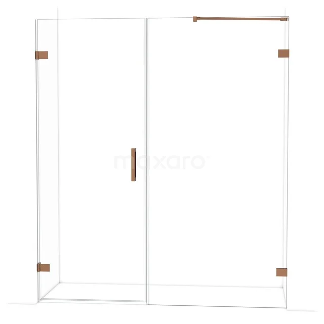 Glazen douchewand met koperkleurige accenten, moderne schuifdeur en strak design, perfect voor een stijlvolle badkamer.