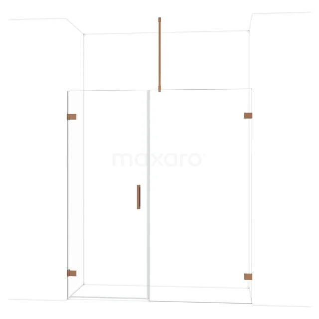 Glass shower door with hinges and handle in rose gold, modern design, ideal for stylish bathrooms.