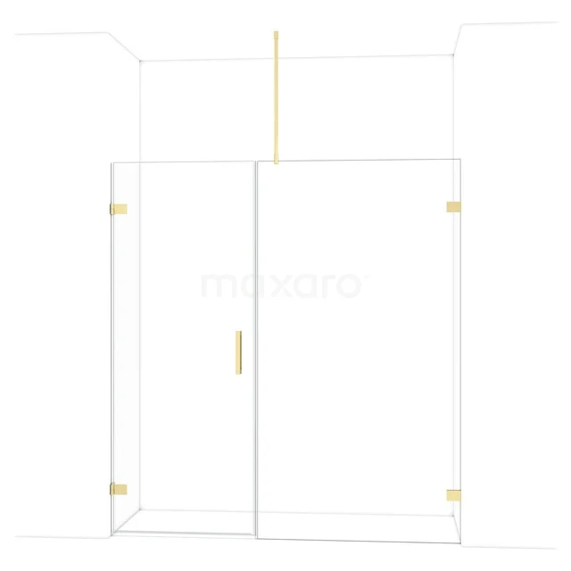 Duschwand mit goldenen Akzenten, rahmenloses Design, transparentes Glas und Seitenpaneele, ideal für einen modernen Badezimmerstil.