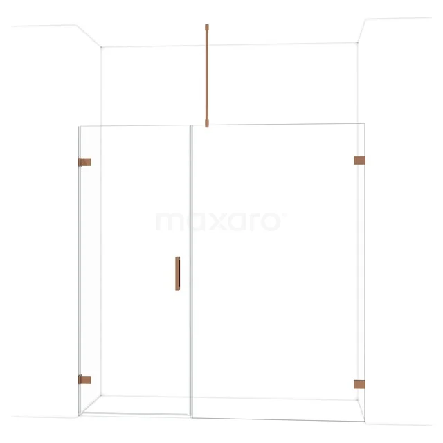 Douchewand met deur, helder glas, koperkleurige accenten, moderne uitstraling, luxe toevoeging aan elke badkamer.