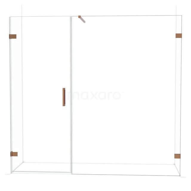 Diamond Shower door | 215 cm Shiny copper Clear glass Pivot door DDC210814120GKP Glazen douchewand met mat zwarte accenten, inclusief draaideur en handgreep, ideaal voor een moderne badkamerinrichting.