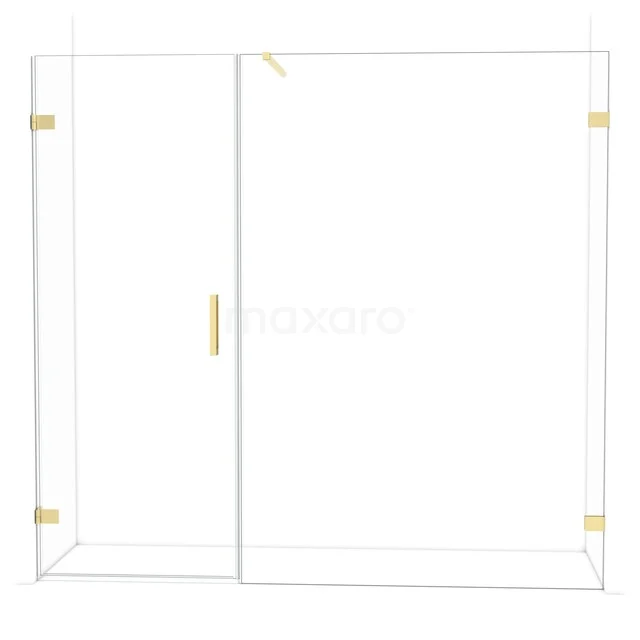 Douchewand van helder glas met goudkleurige scharnieren en handgreep, ideaal voor een moderne badkamerinrichting.