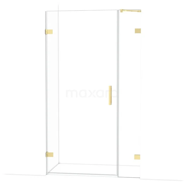 Glass shower door with gold-coloured hinges and handle, modern design, perfect for a stylish bathroom.