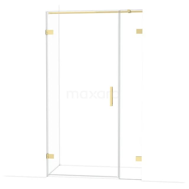 Douchedeur van helder glas met mat gouden accenten, scharniermodel, modern design voor een stijlvolle badkamer.
