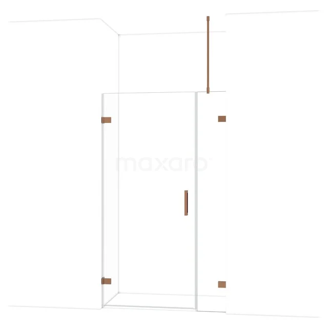 Glasene Duschtür mit kupferfarbenen Scharnieren, minimalistisches Design, perfekt für moderne Bäder.