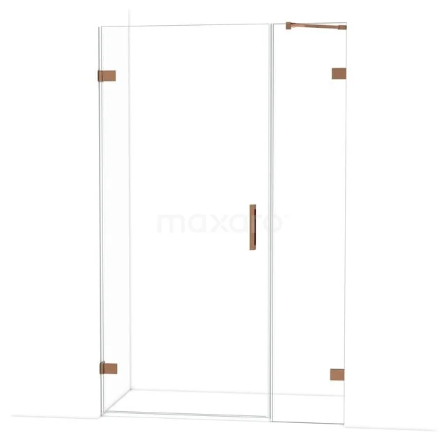 Glazen douchedeur met koperkleurige accenten, modern ontwerp, ideaal voor een stijlvolle badkamer.