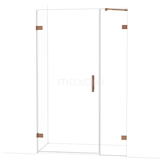 Glasene Duschtür mit kupferfarbenen Akzenten, modernes Design, ideal für ein stilvolles Badezimmer.