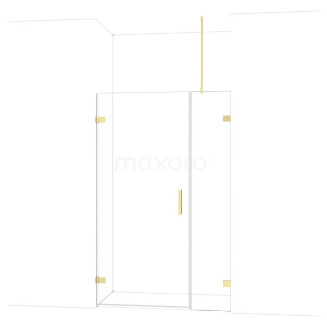 Glass shower door with gold details, modern design, suitable for any stylish bathroom.