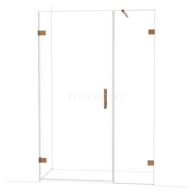 Douchewand set metalen scharnieren, helder glas, mat gouden accenten, stijlvol ontwerp voor moderne badkamers.