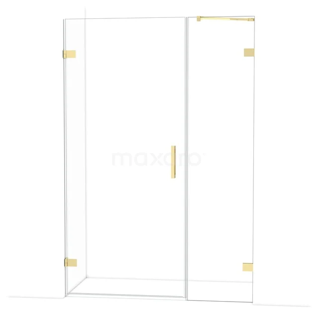 Duschtür mit goldenen Details, moderne Glaswand, ideal für eine stilvolle Badezimmergestaltung.