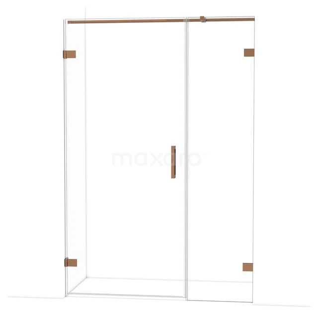 Glazen douchedeur met schuifmechanisme en koperkleurige accenten, perfect voor een moderne badkamer.