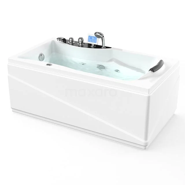 Weißes rechteckiges Bad mit entspannender Whirlpoolfunktion, ausgestattet mit modernen Bedienfeldern und bequemer Kopfstütze.
