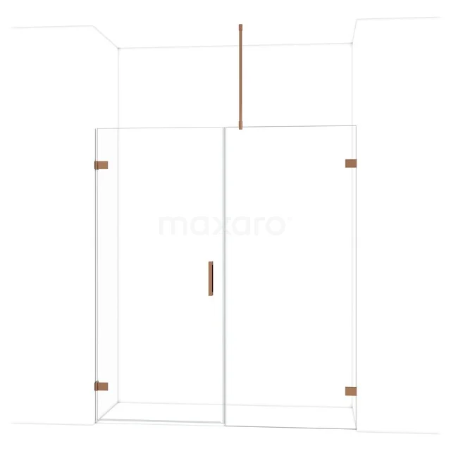 Douchewand met deur, strak design, helder glas, messing scharnieren, ideaal voor een moderne badkamer.