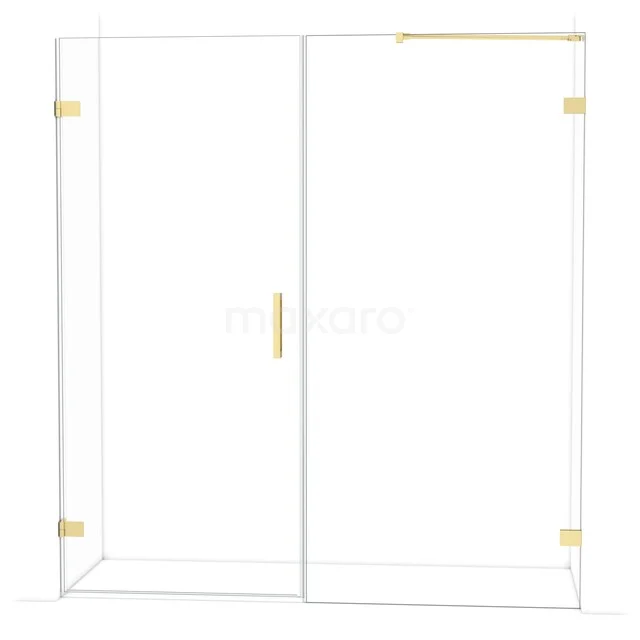 Glass shower wall with gold accents, sliding door and modern design, perfect for a stylish bathroom.