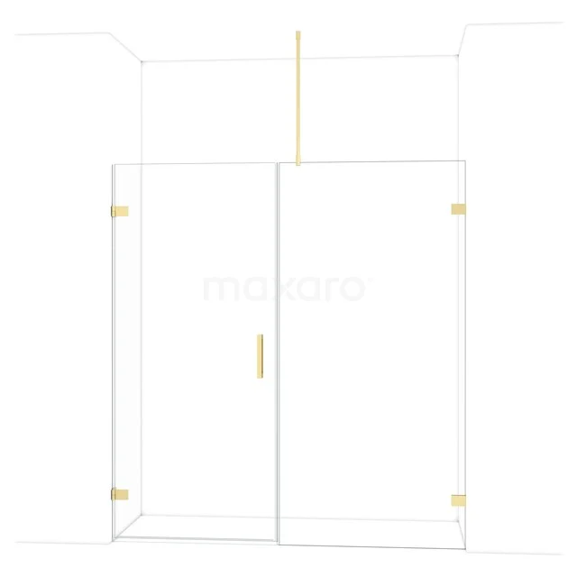 Glazen douchewand met gouden accenten, strakke lijnen en draaideur, perfect voor een moderne badkamerstijl.