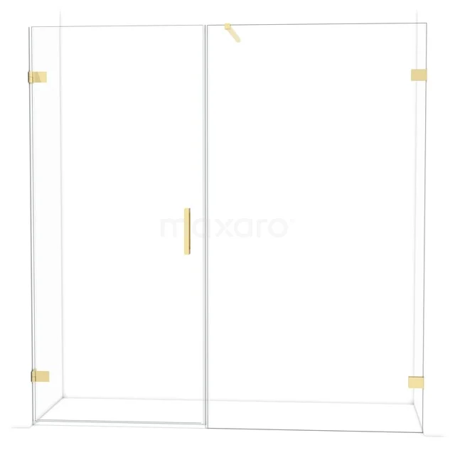Glazen douchewand met goudkleurige accenten, moderne badkamerstijl, elegant schuifdeursysteem.