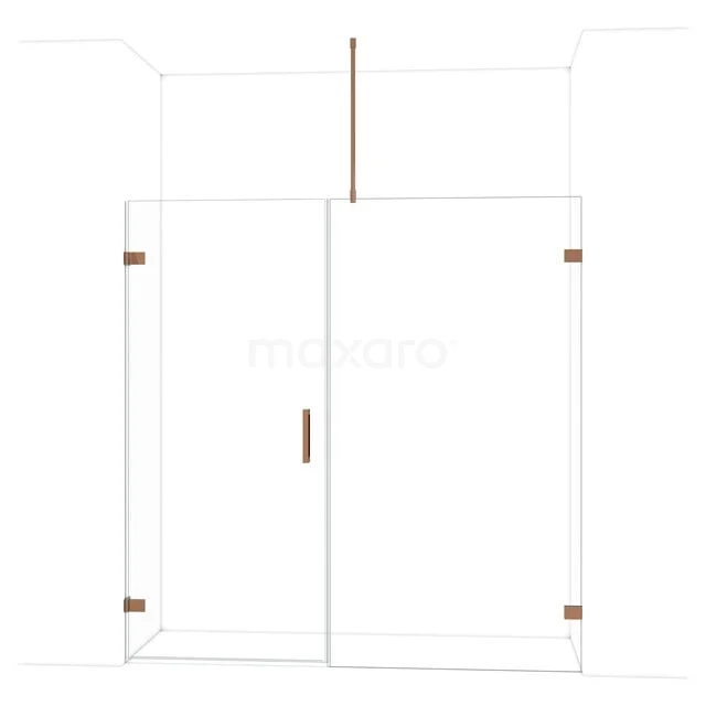 Douchewand van transparant glas met roségouden accenten, luxe design, perfect voor een moderne badkamer.