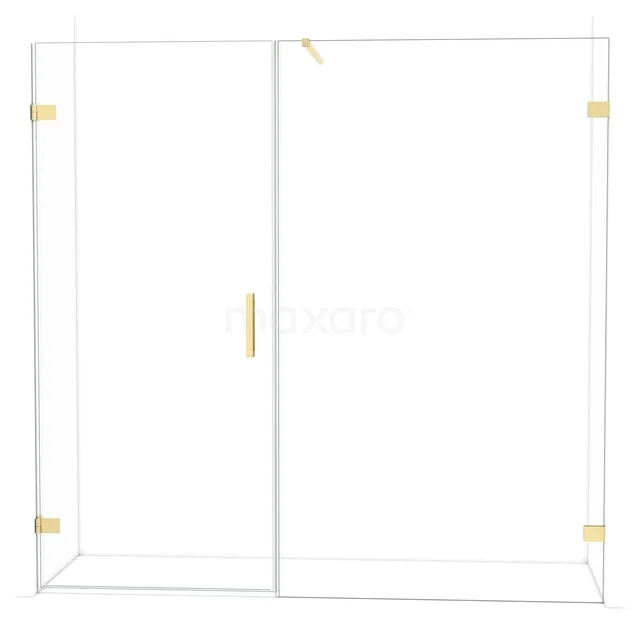 Douchewand van helder glas met goudkleurige accenten, schuifdeur en modern design, ideaal voor een stijlvolle badkamer.
